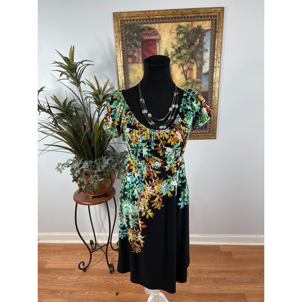 B Calm Dress Women 6 Black Floral‎ Print Pleated Short Sleeve Tropical Vibrant